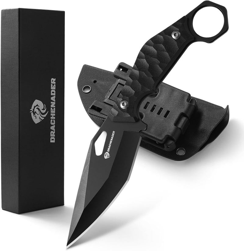 DRACHENADER Survival Knife SEAL-FULL BLACK 9" EDC Fixed Blade Tactical Horizontal Carry Knife for Men with Kydex Sheath, 5mm Thick Stainless Steel, G10 Anti-Slip Handle, Ideal for Gifting, Full Black - Image 1